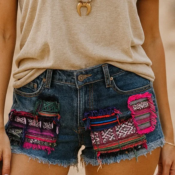 Hippie Bohemian Jean Shorts Patch Works Festival Womens Size 7 Cut - Image 7