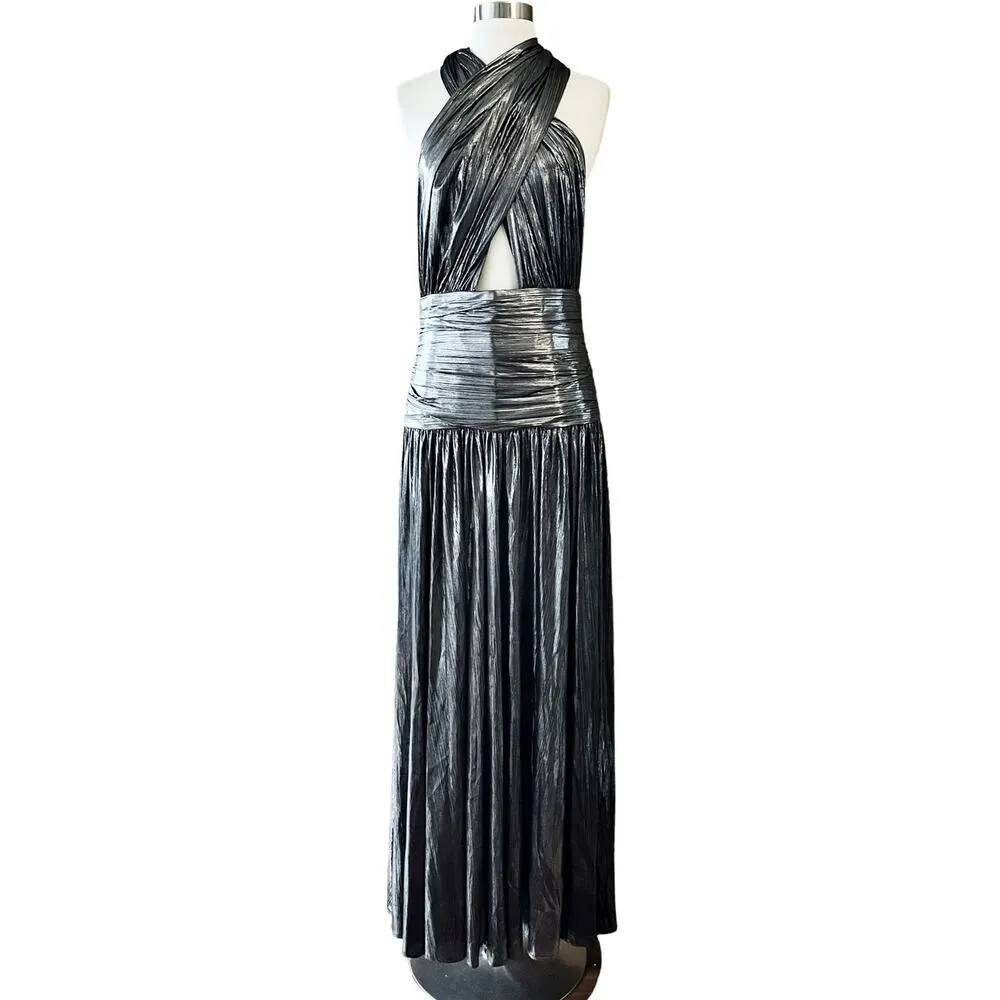 BRONX AND BANCO Metallic Dress Florence Halterneck Gown Cutout Gunmetal Gray 10 - Image 10