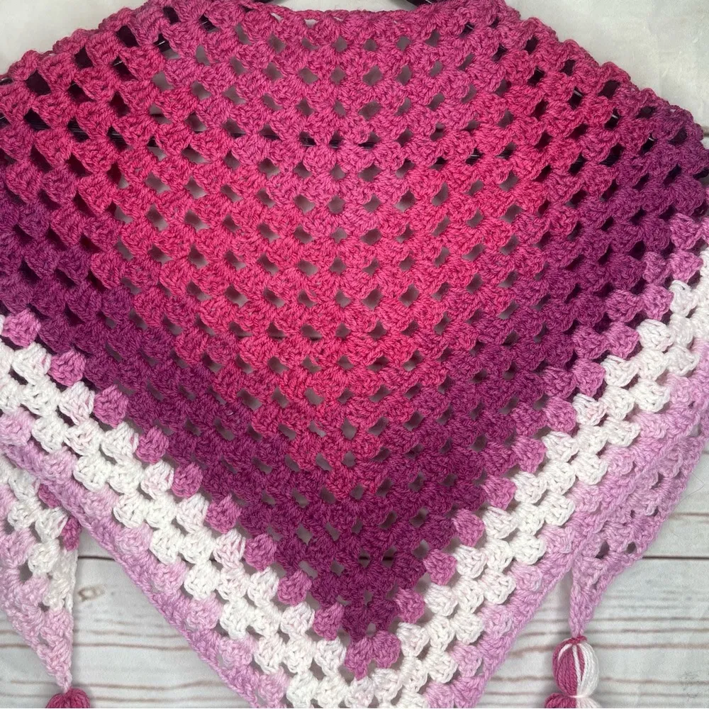 Handmade • Crochet Triangle Scarf/Shawl • Pink & Purple • Tassels • Spri… - Image 8