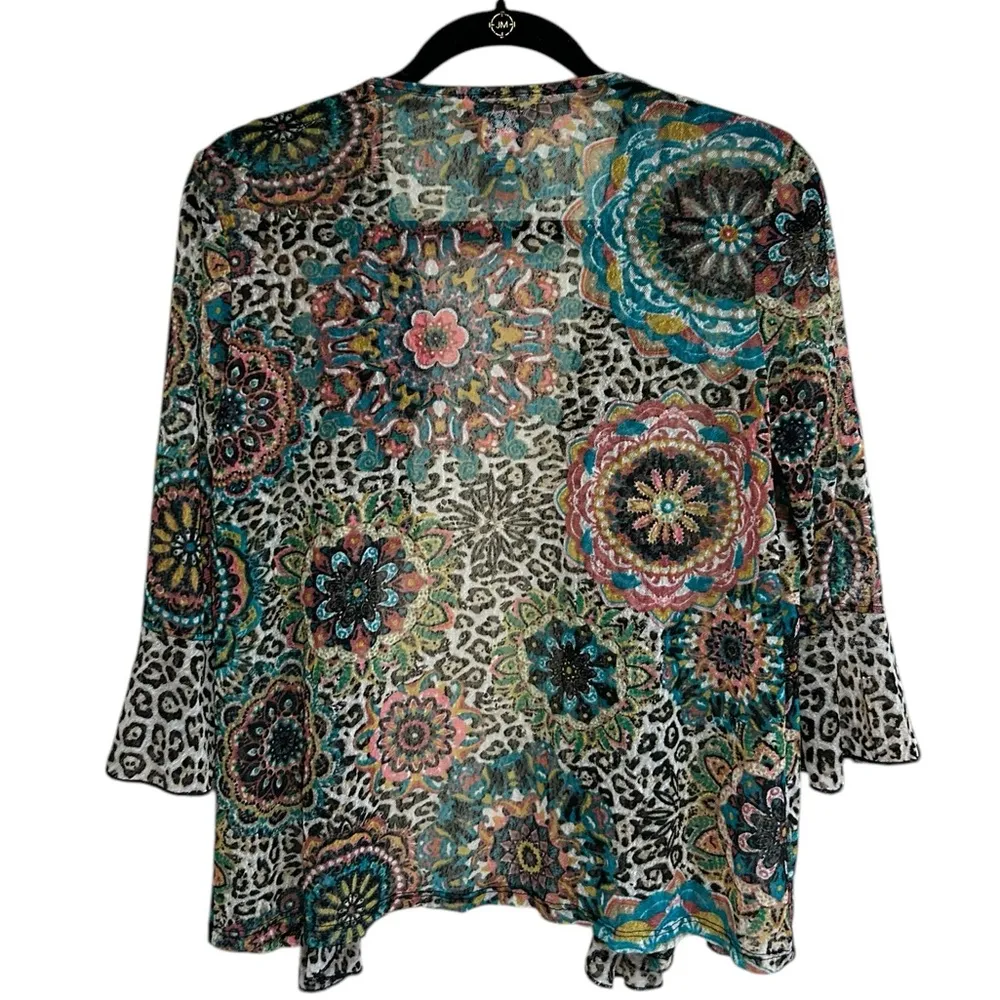 Multiples Jacket Petite Small Semi Sheer Bell Sleeves Animal Print Lagenlook - Image 4