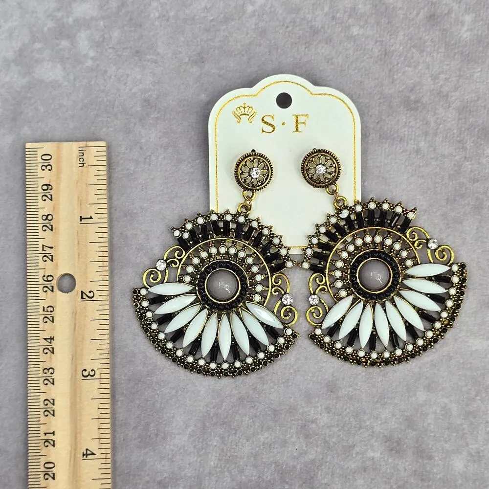 Gold Gray White Boho Floral Dangle Stud Gems Fashion Jewelry Earrings NWT JB2-35 - Image 4