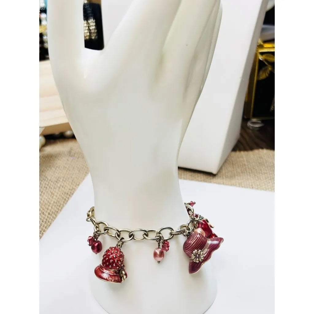 LC  Liz Claiborne Pink Hat Charm Bracelet With Pearls & Beads Gold-Tone Chain 7 - Image 7