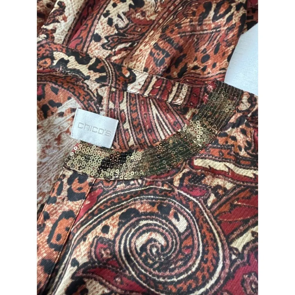 CHICOS Paisley Satin Sequin Neck Blouse Size 2 US 12 Tie Hem Blouse Top Dressy - Image 5