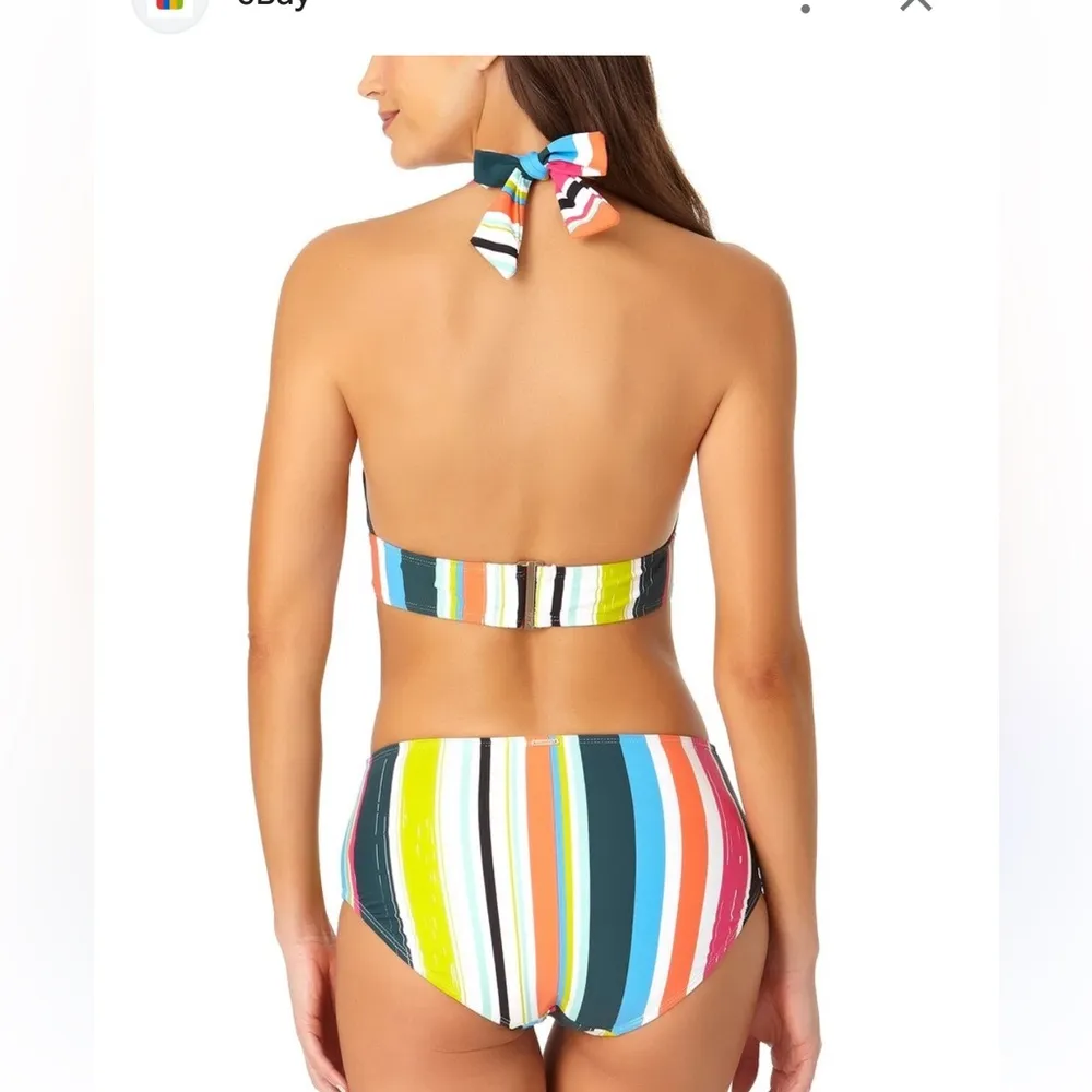 Anne Cole Clearwater Stripe‎ Bikini Set Halter Top Mid Rise Bottoms XS NWT - Image 2