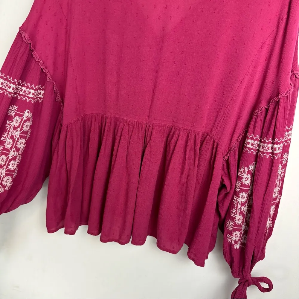 American Eagle Embroidered Boho Top Sz XL Pink Balloon Sleeves - Image 16