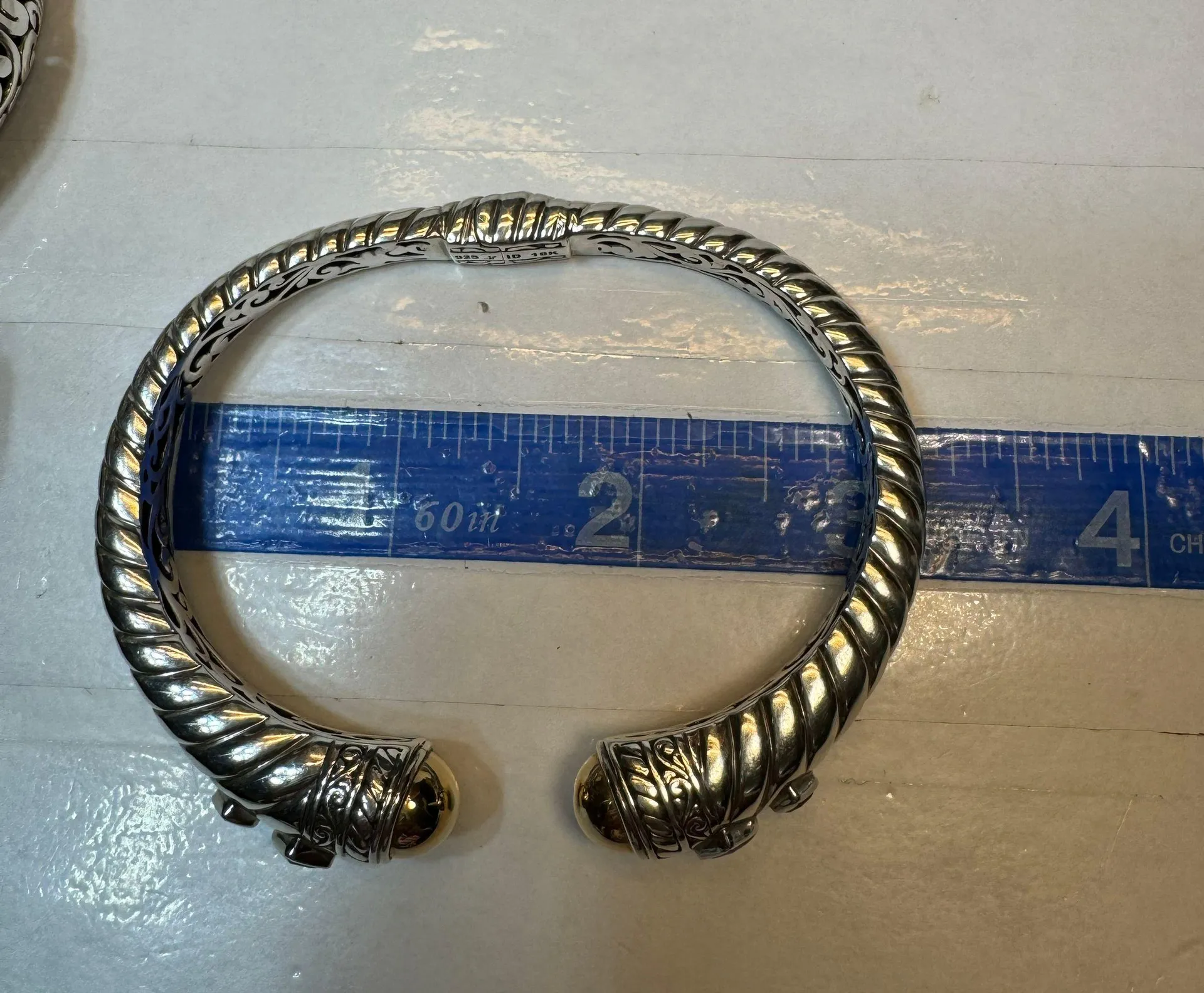 18K & 925 Cable Band Design & Filigree Citrine Cuff Bangle Bracelet - Image 7