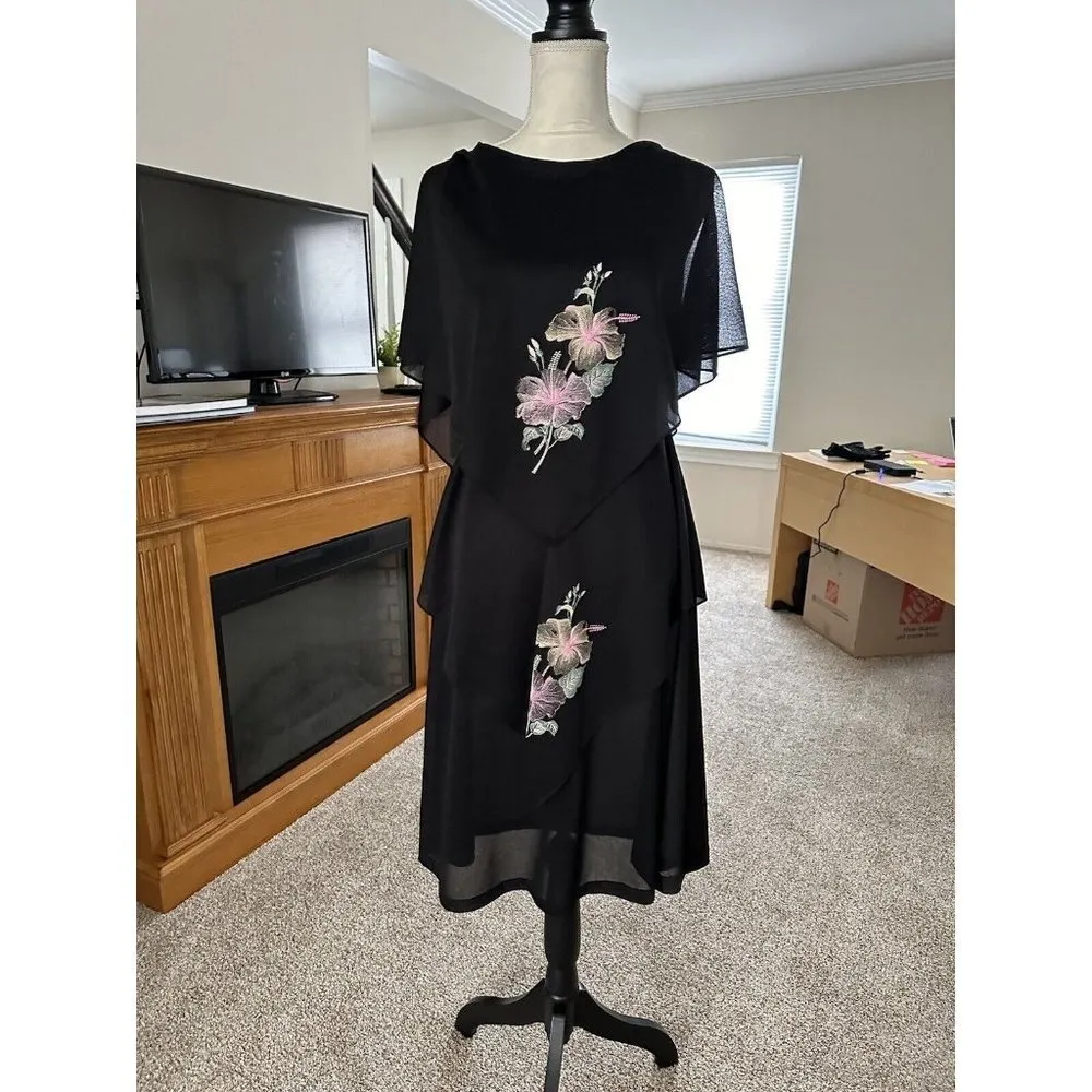 VTG 70s Gilberti Handkerchief Hem Floral Chiffon Semi Sheer Dress Fits Medium Black - Image 4