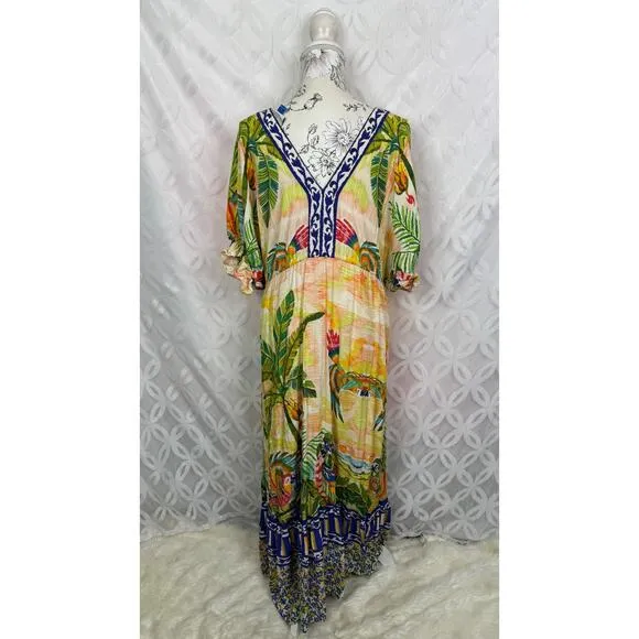 Farm‎ Rio Tropical Floral V-Neck Puff-Sleeve Resort Wear Maxi Dress Size S - Image 3