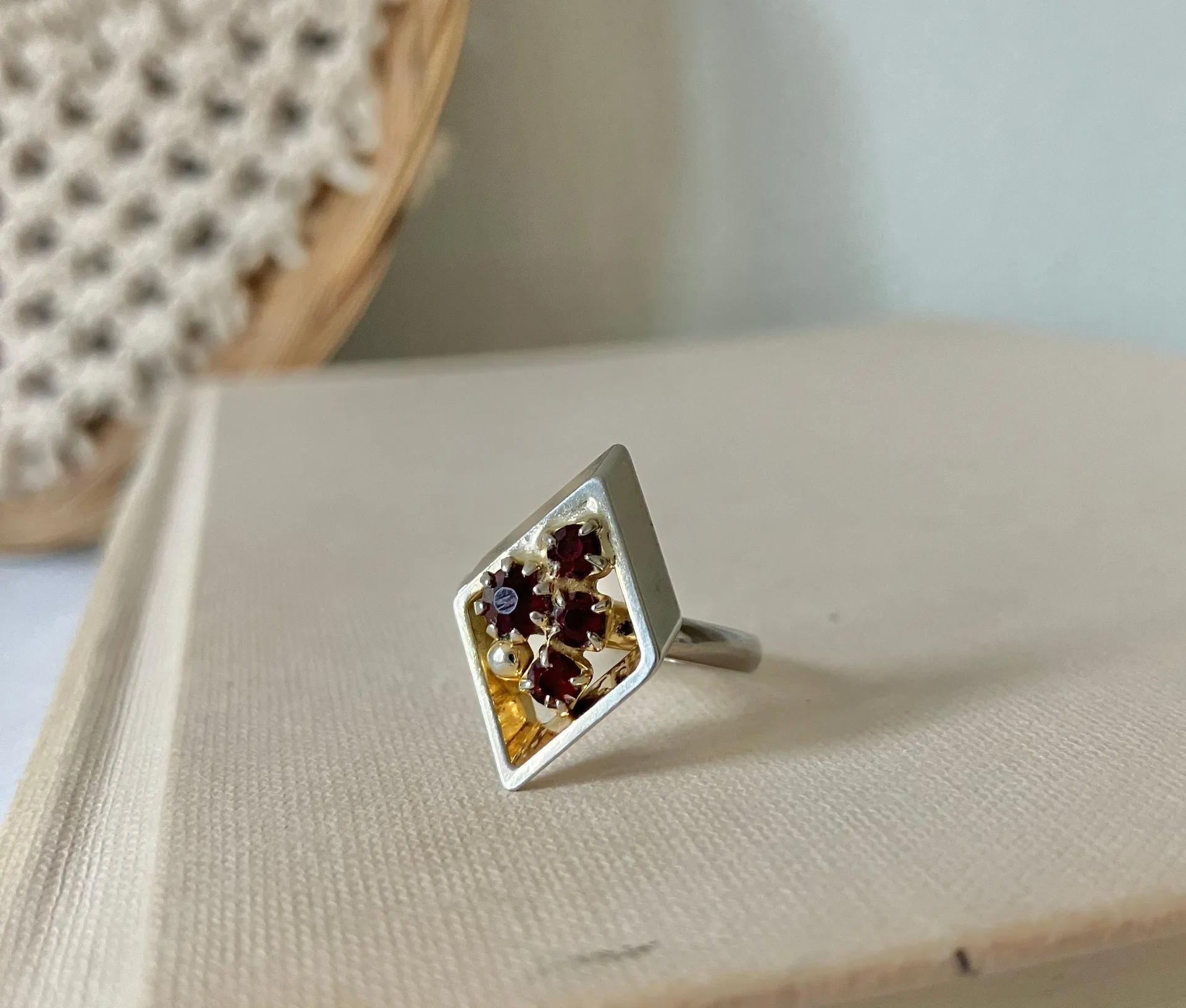 Garnet Cluster & Gold Open Diamond Ring “Veronique” Constellation Ruby Red Vintage Jewelry - Image 4