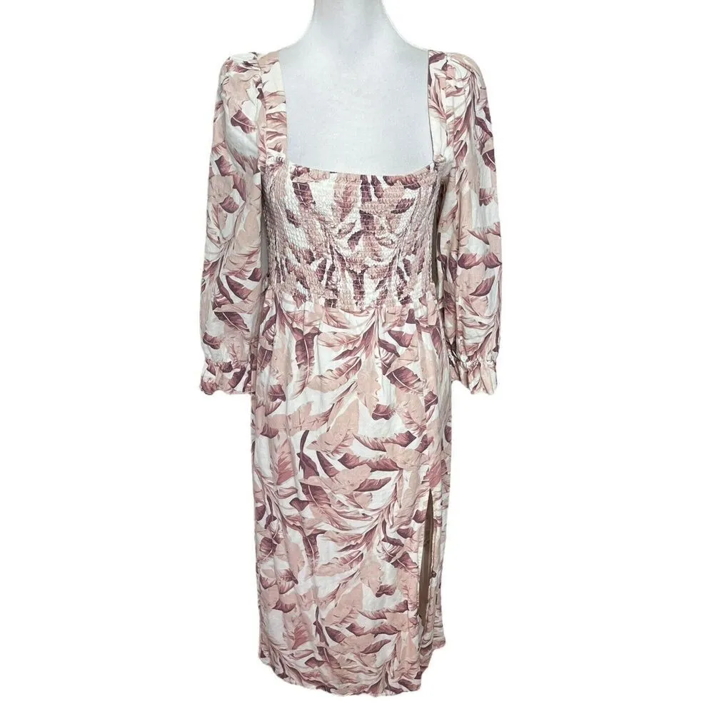 House of Harlow Palm Leaf Midi Dress Women’s Size Medium Linen Vacation Pink - Image 2