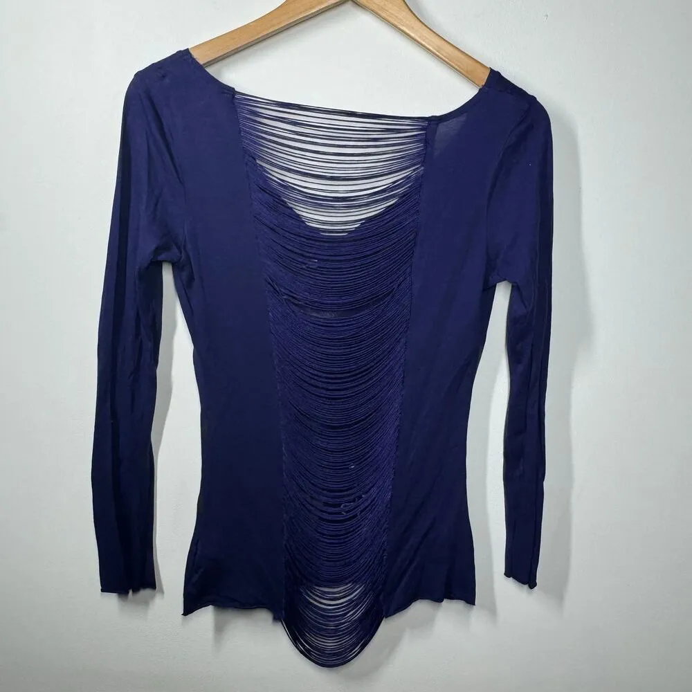 AnM Top Women M Blue Fringe Appliqué Dance Figures Long Sleeve Open Y2K Vintage Size M - Image 2