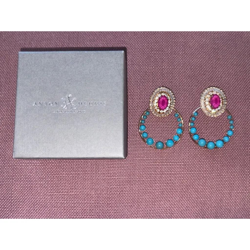 Anton Heunis Gem Cluster Hoop Earrings in Pink Blue Crystal & Gold New Womens - Image 3