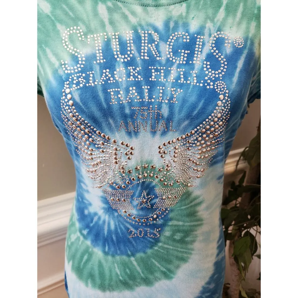 Exist T-Shirt Women Size M Green Blue Tie Dye Rhinestone Sturgis Graphic Tee - Image 3