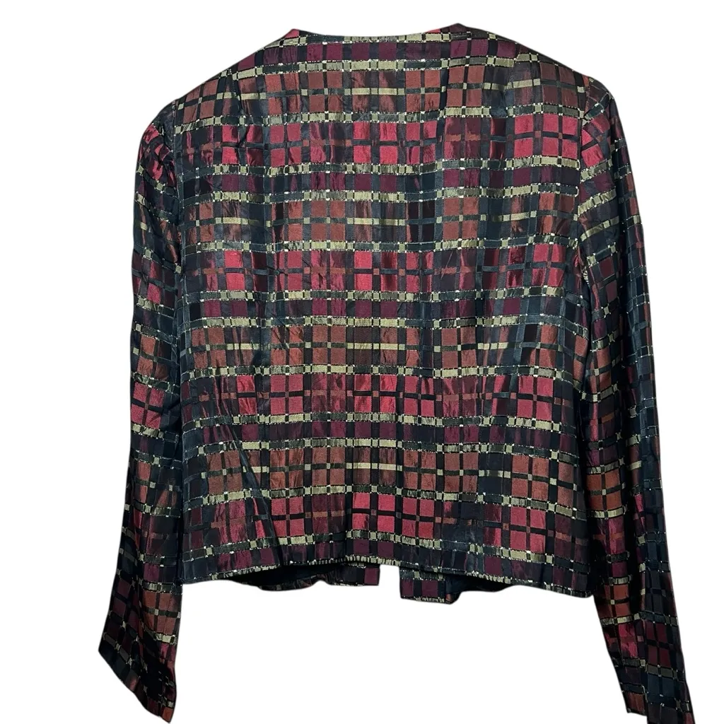 VTG Maggie L Metallic Woven Evening Jacket Open Front Red Black Gold Sz 6 Y2K - Image 10