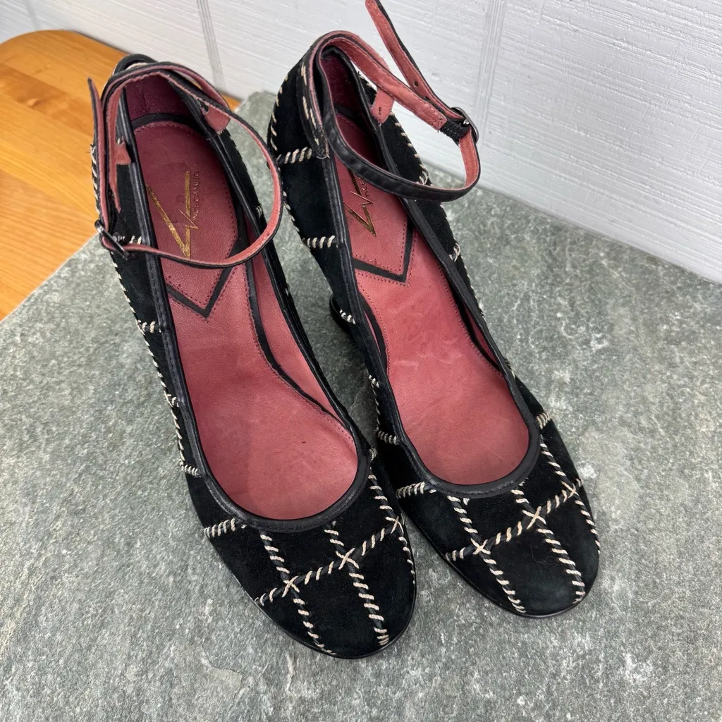 Vince Camuto Black Suede Stitched Patchwork Wedge Heels Ankle Strap Closed Toe - Image 3
