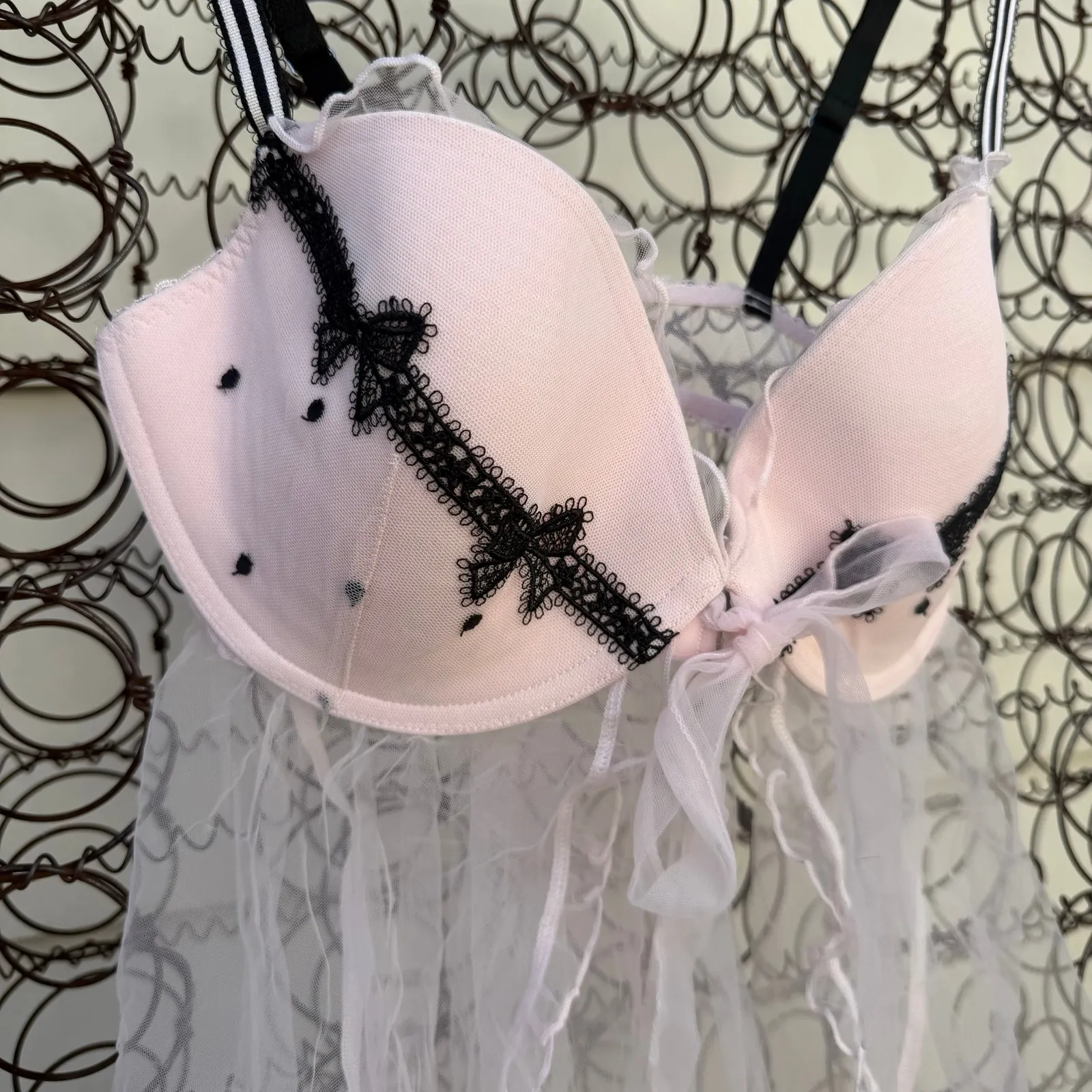 Victoria's Secret Babydoll Chemise Sexy Slip Pink Black Lace Sheer Push Up 36D - Image 2