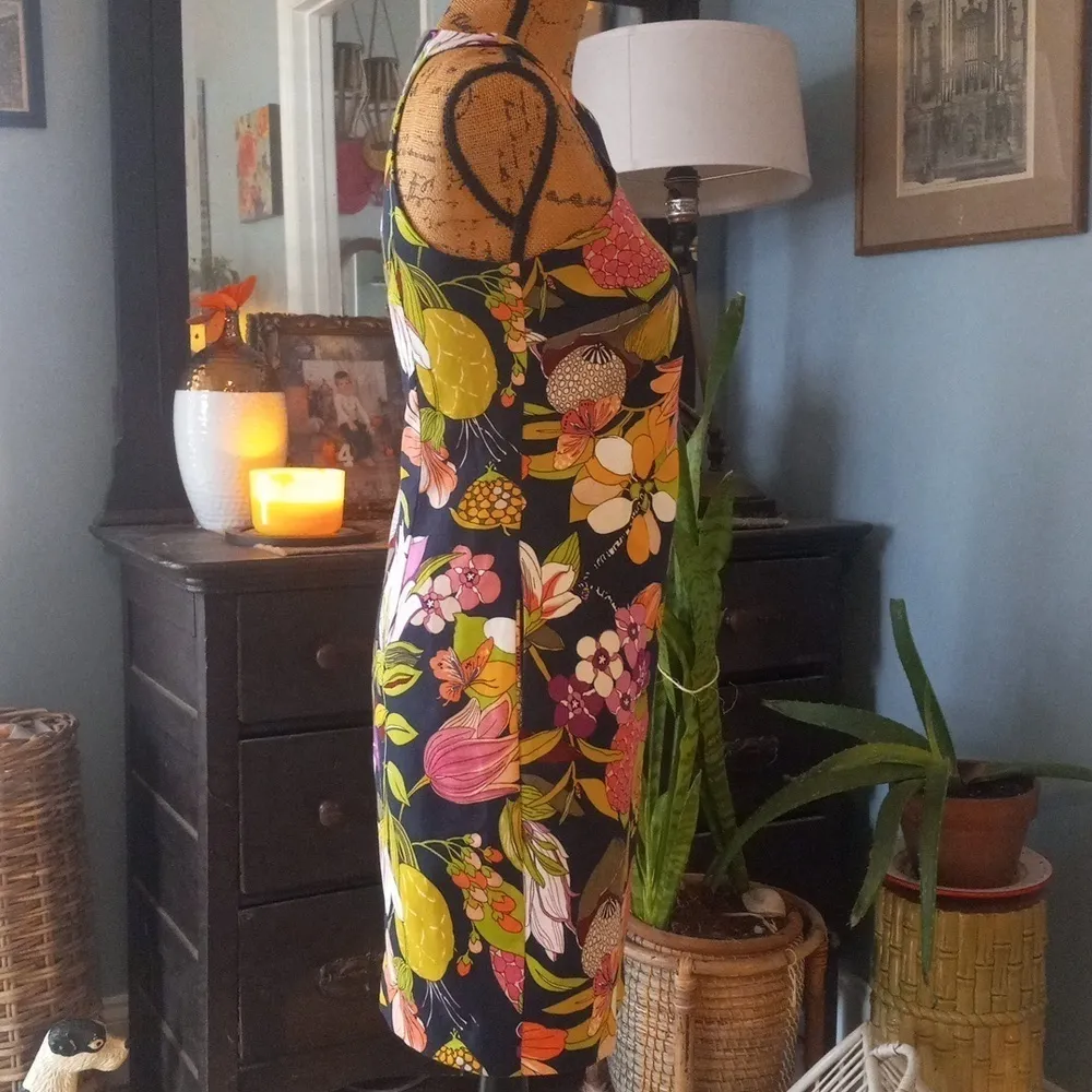 Trina Turk Navy Multicolored Floral Leaf Print Sleeveless Dress - Image 7