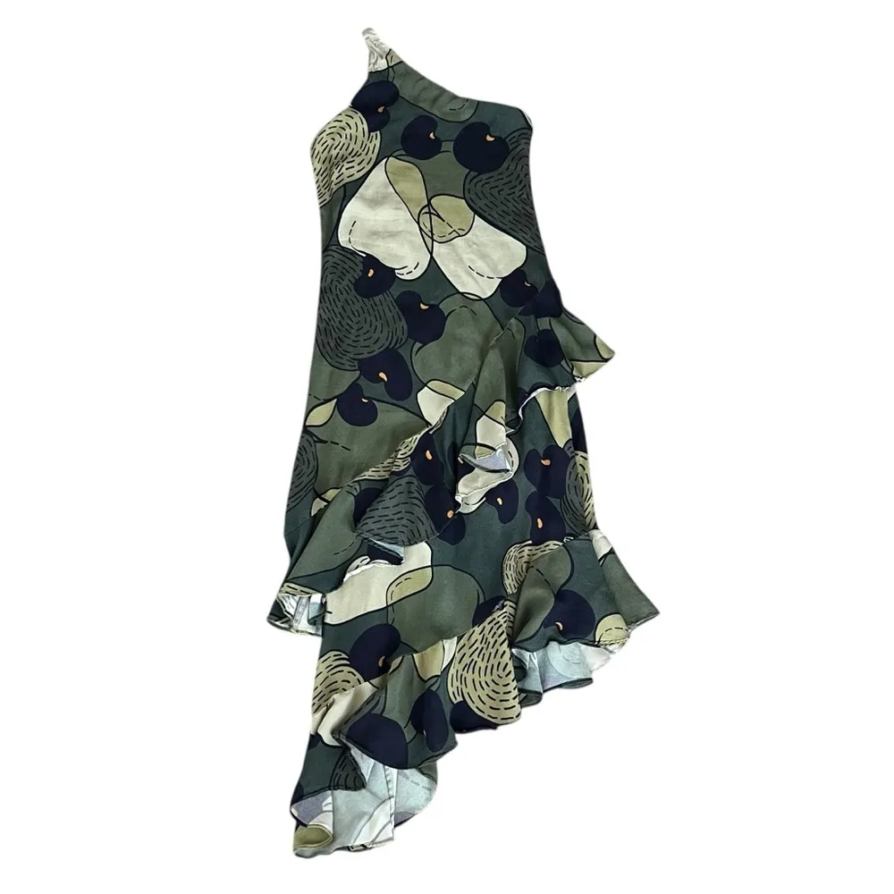 Farm Rio Anthro Women’s Green Military Cashew One Shoulder Midi Scarf Dress XS - Image 3