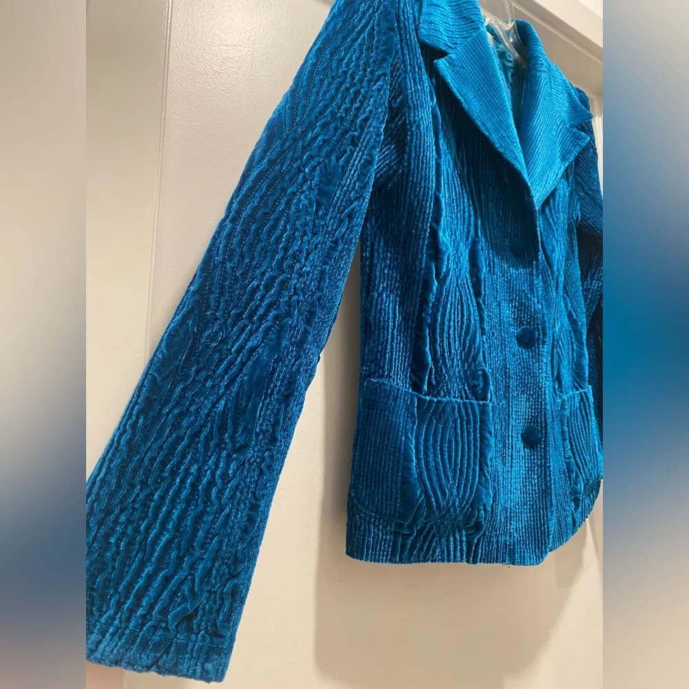 Vintage 80s/90s Harve Benard Blue Crushed Velvet Velour Statement Jacket Blazer - Image 3
