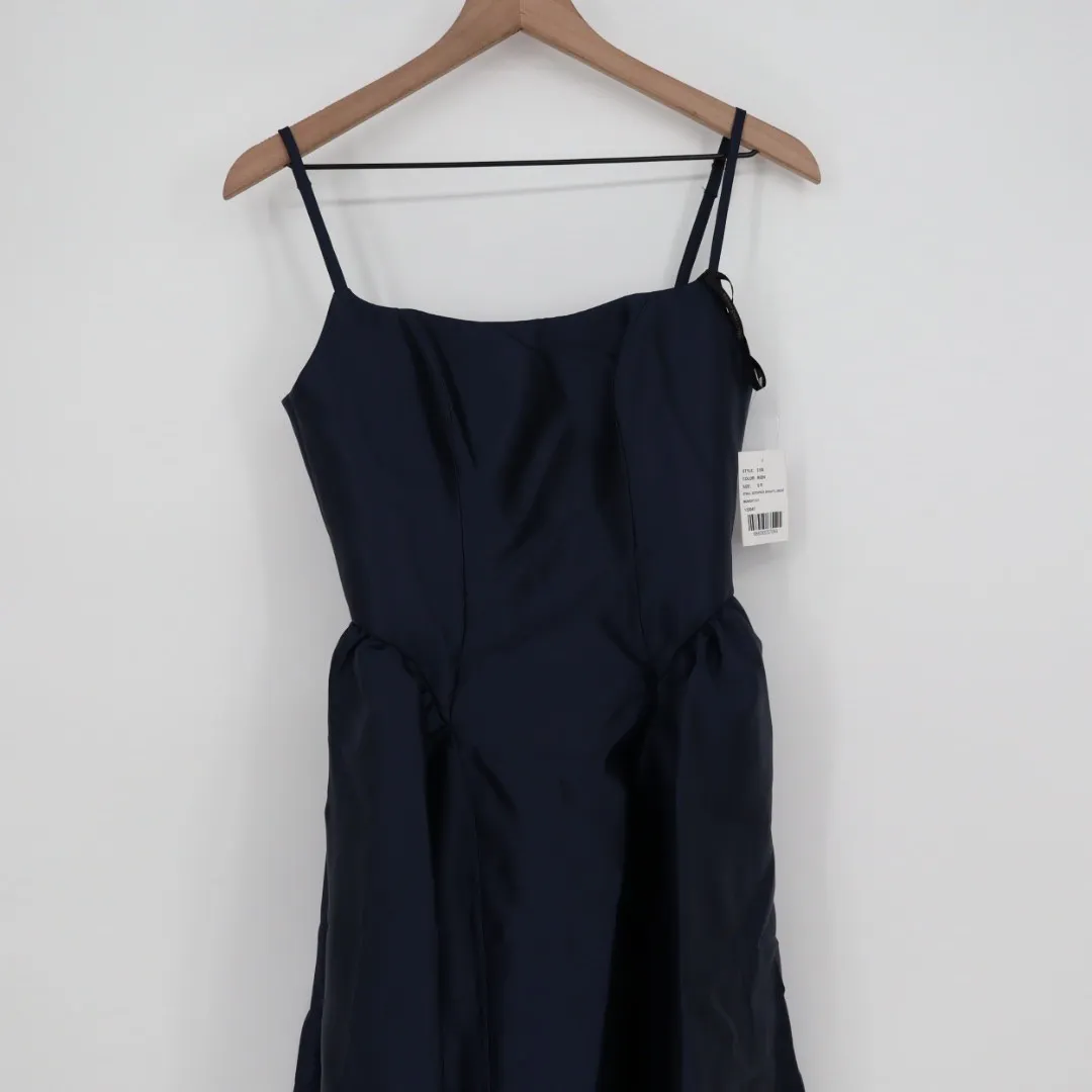 Dessy Collection Scoop Neck Drop Basque Skirt Satin Maxi Dress Pockets Size 0 Blue - Image 4