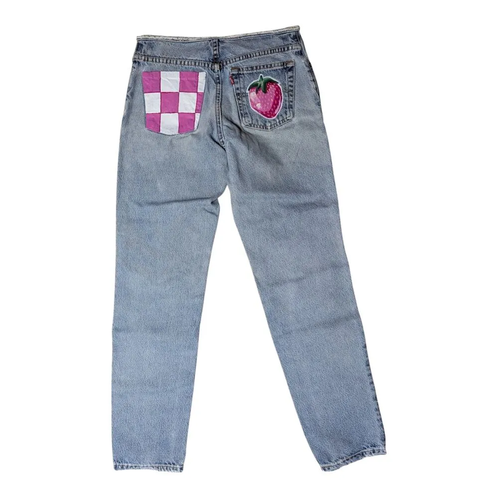 Hand Painted Vintage Levi's 501-Z Straight Leg Strawberry Checkerboard Jeans 28 - Image 2