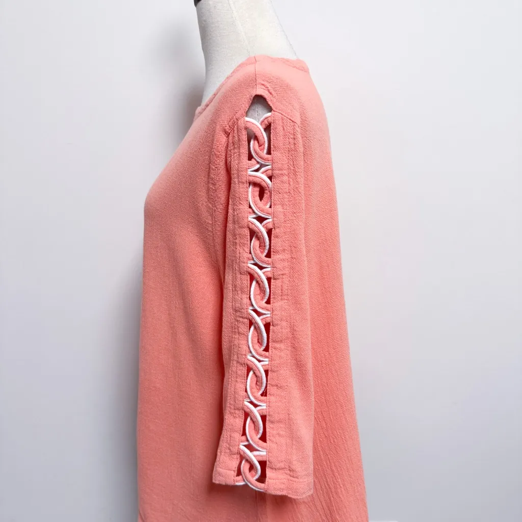 Lulu B Peach Textured Cotton Boat Neck 3/4 White Braided Sleeve Tunic Large Orange - Image 5