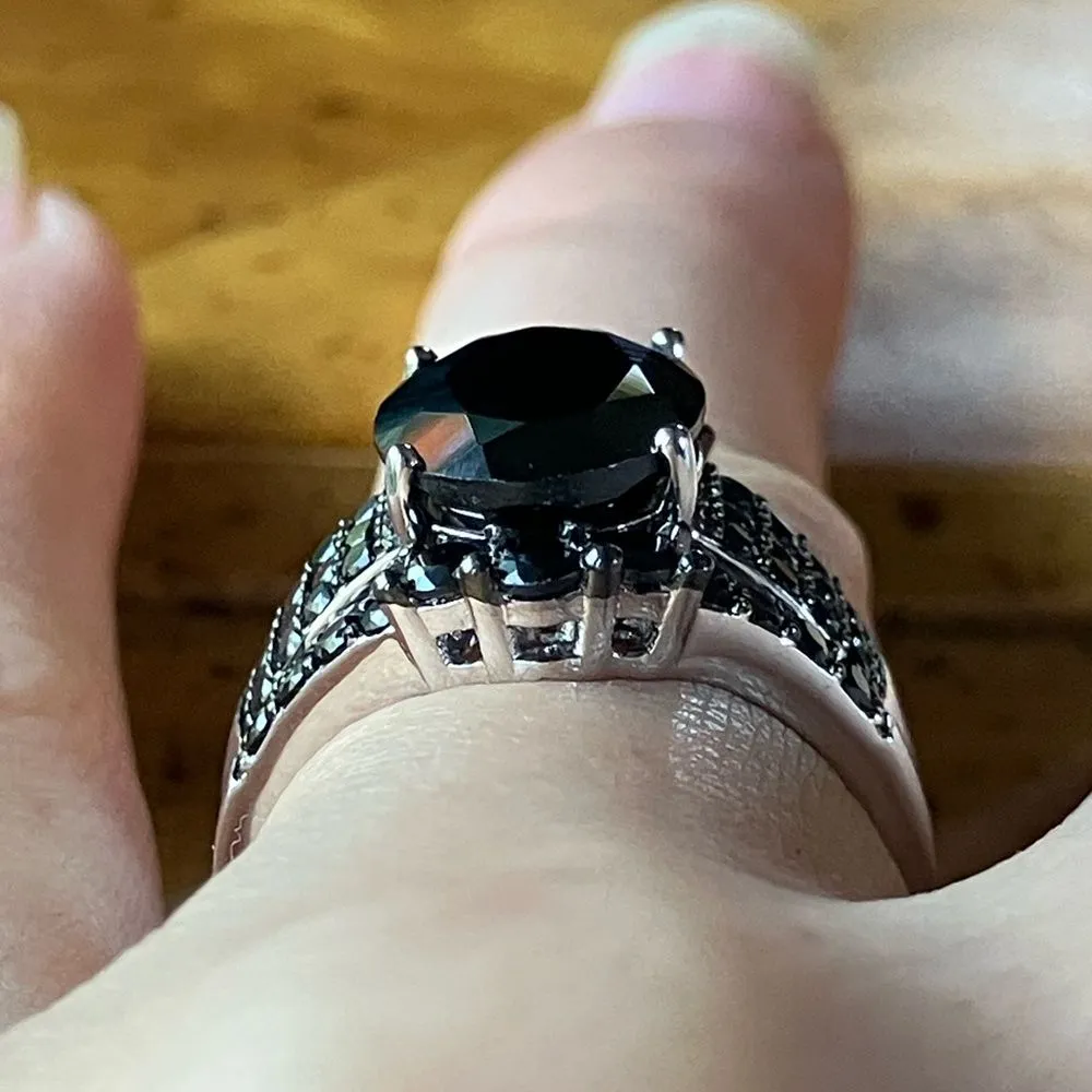 Natural Black Spinel Sterling Silver Ring Set Size 6 - Image 2