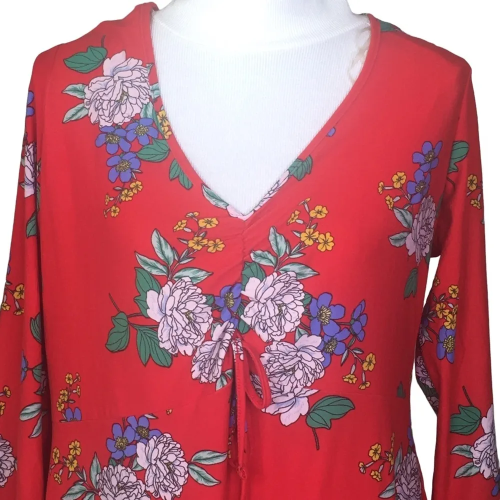 Bobbie Brooks Soft Plus Size Red Floral Dress 1X Rushed V neck - Image 3