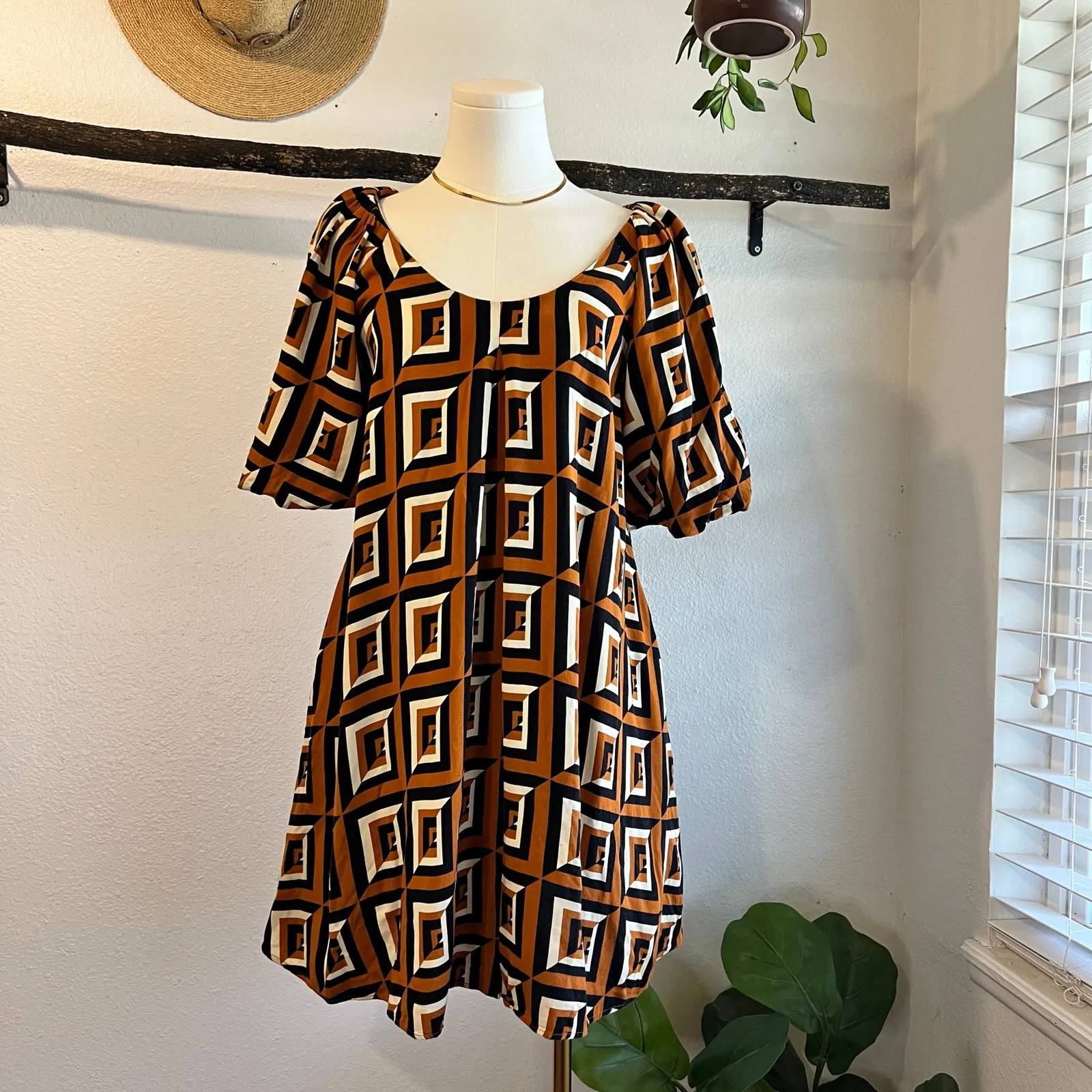 Anthropologie Corey Lynn Calter Geometric Puffed Sleeve Mod Dress Size Small Brown - Image 14