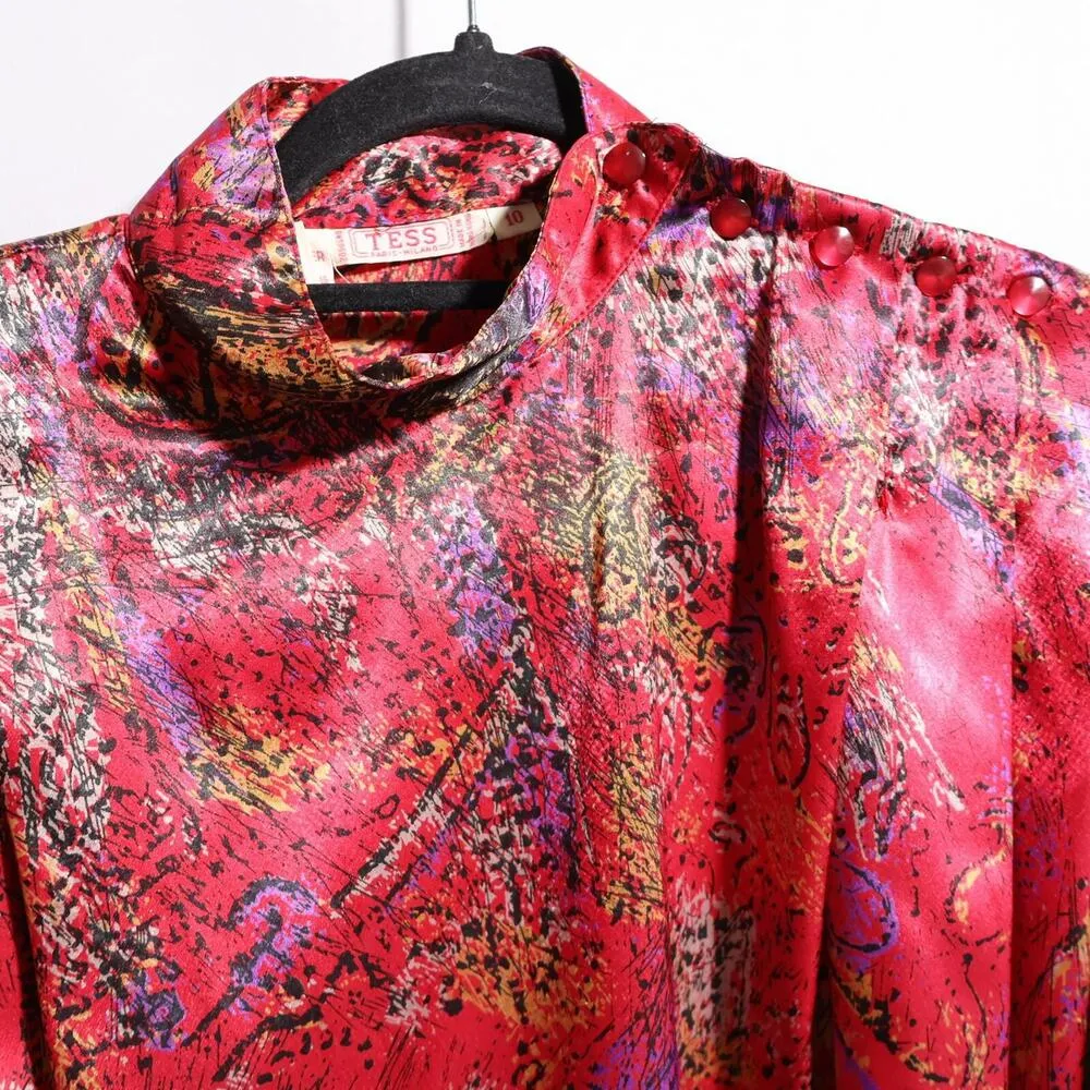VTG 80s Tess Paris‎ Red Satin Blouse Abstract Disco Secretary Retro Statement 10 - Image 4
