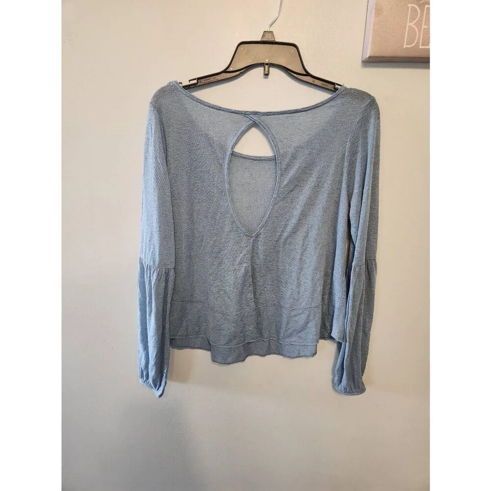 Free People Womens Blue Boho Balloon Sleeve Keyhole Boat Neck Oversized Size S - Image 3