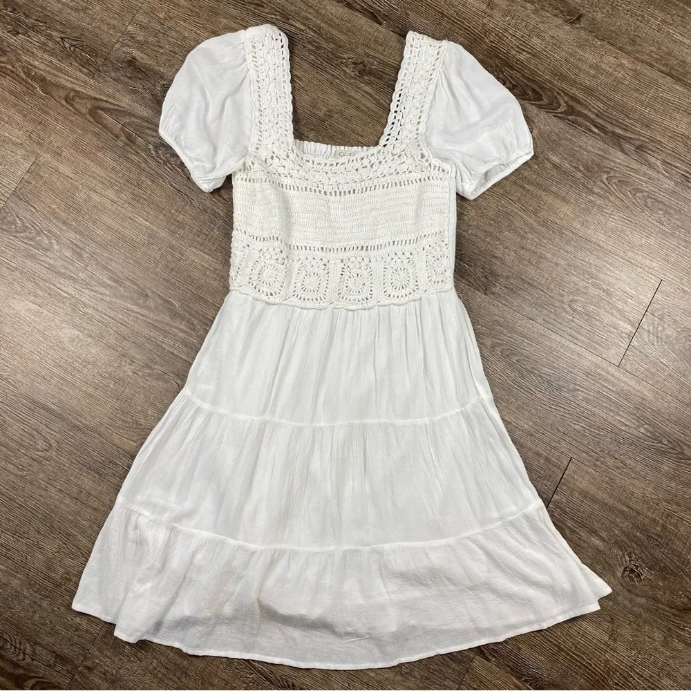 Jessica Simpson Dress Women M White Square Neck Tiered Rayon Lined Mini Crochet - Image 2