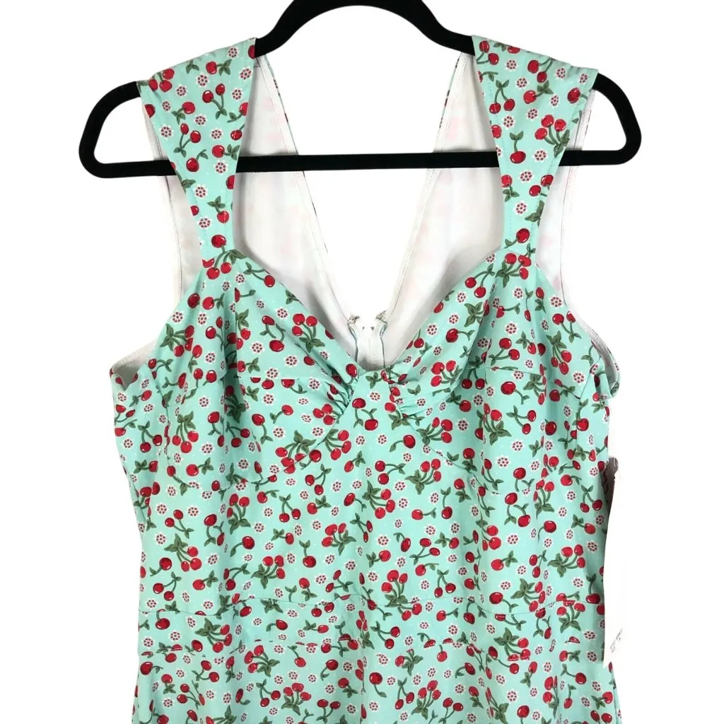 Bettie Page Dress A Line Retro 50s Rockabilly Cherry Print Aqua Blue 18W - Image 2