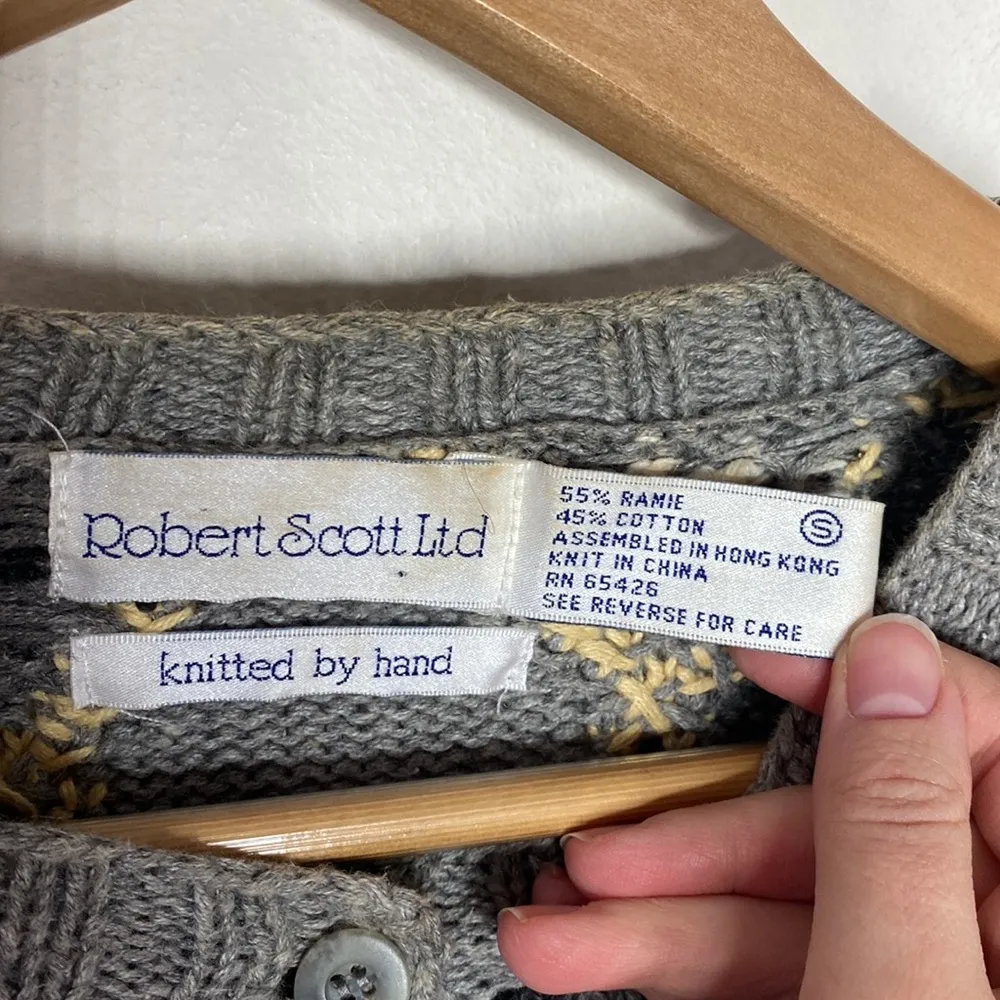 Vintage grey hand knit cotton ramie argyle patchwork grandpa sweater cardigan S - Image 10