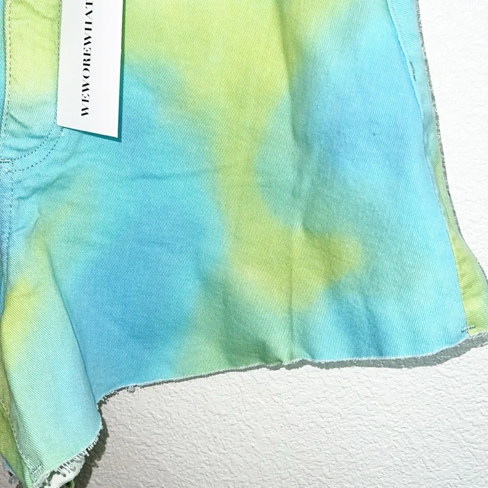 WeWoreWhat Tie Dye Green And Blue High Rise Raw Hem Flare Bell Shorts - Image 3