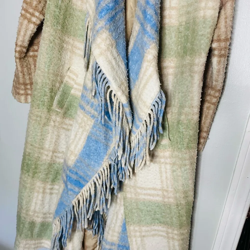 CINQ A SEPT Lita Fringe Plaid Green Off-White Wool Duster Coat Size Medium - Image 11