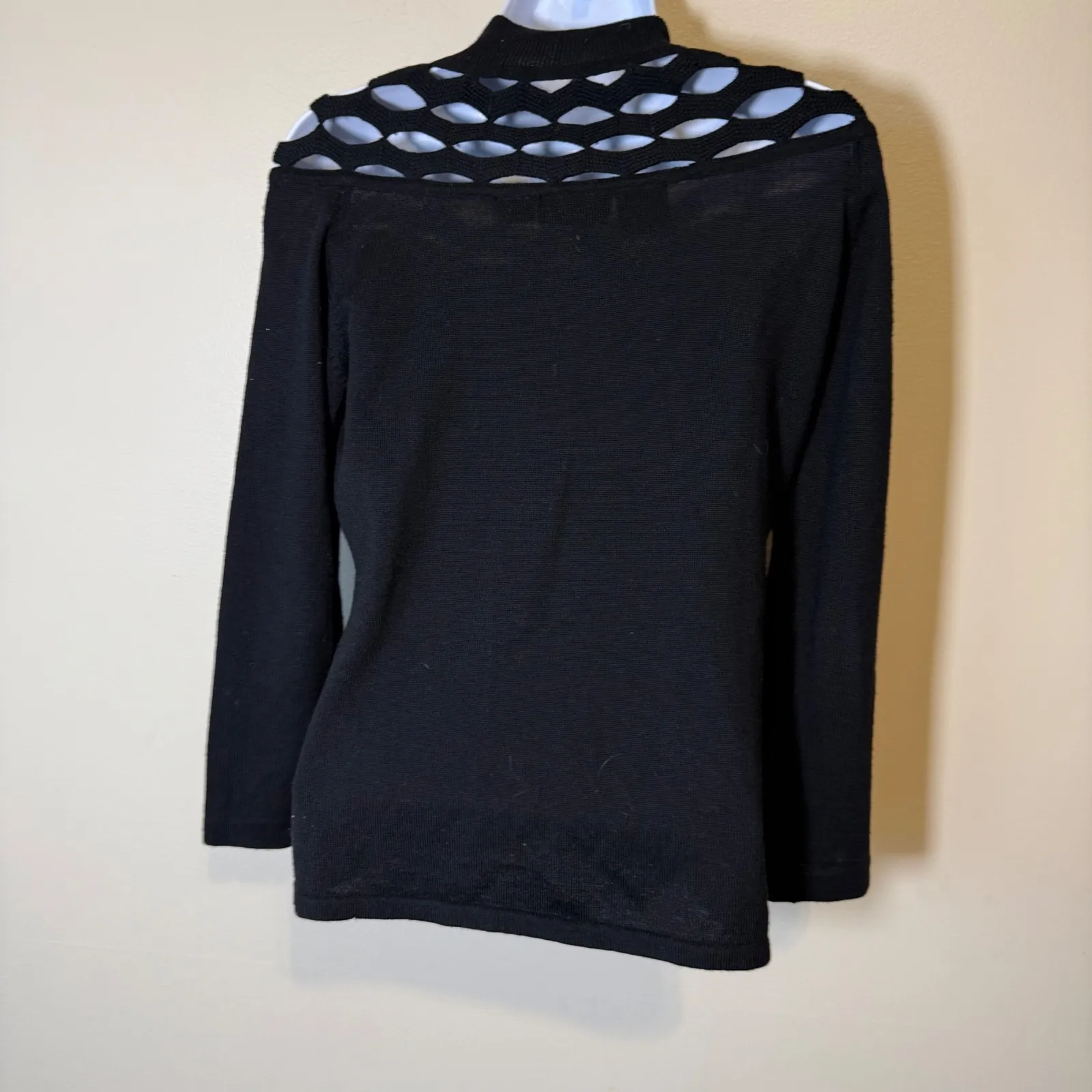 VTG Anne Klein‎ II Black Knit Sweater Top Mock Neck Lattice Cutout Small Petite - Image 3