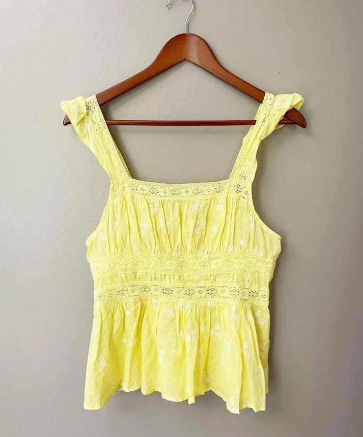 Free People  Beautiful Fleurs Yellow Peasant Blouse Embroidered Lace Tank Medium - Image 2