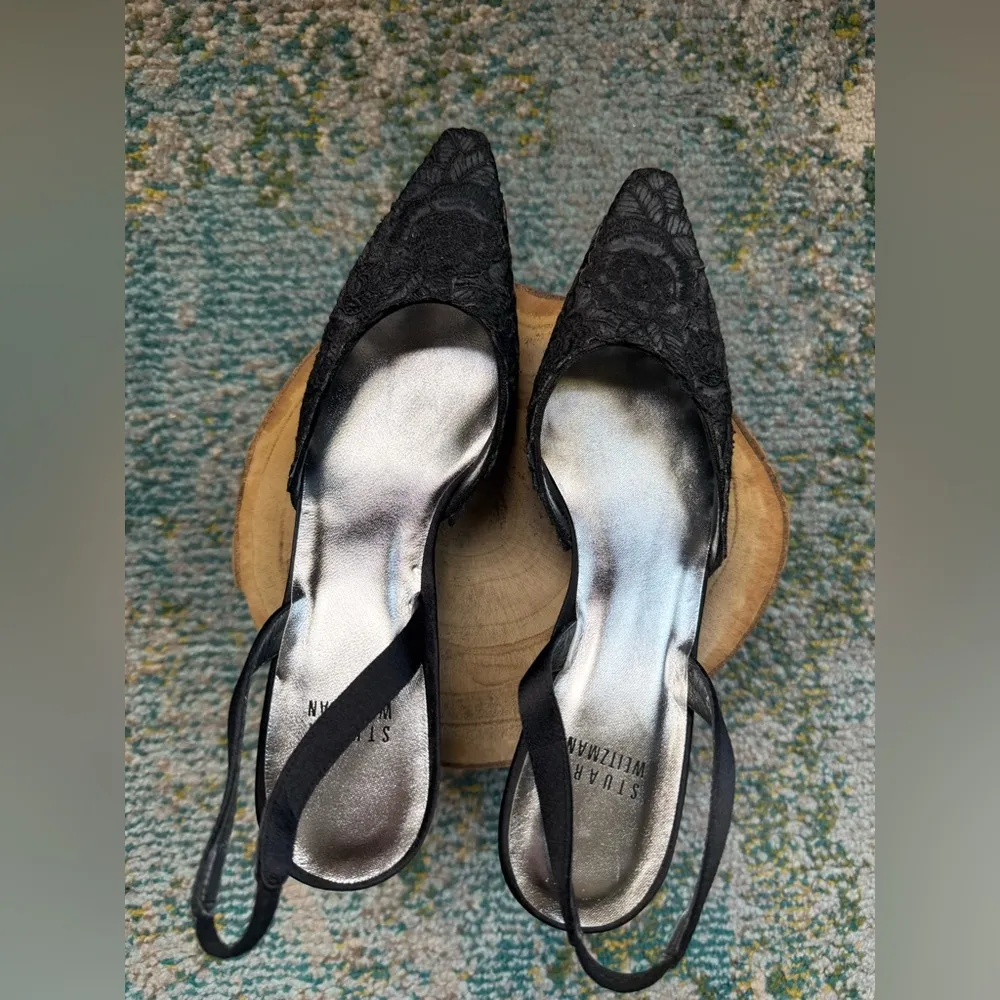Vintage Y2K NOS Stuart Weitzman black lace slingback kitten heels, size 6.5M - Image 3