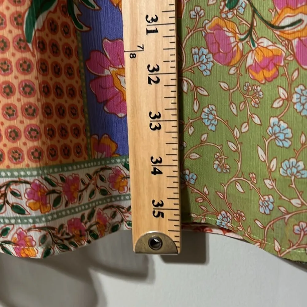 Chloe + Rene medium patchwork dress lined sleeveless v neck gold rings hippie Green - Image 2