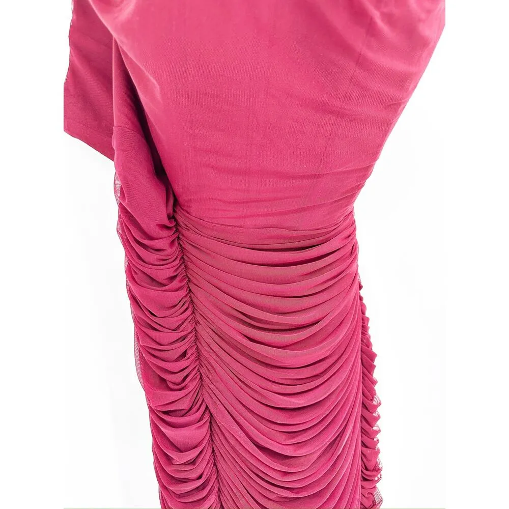 Lavish Alice Mesh Corset Ruched Strapless Midi Dress in Burgundy Red Size 18 - Image 4