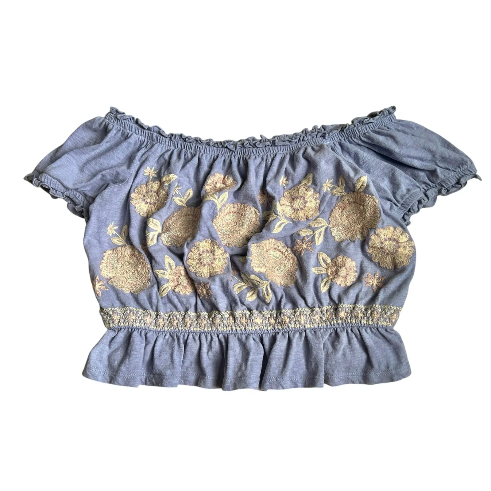 American Eagle Off Shoulder Floral Embroidered Ruffle Crop Top M - Image 2