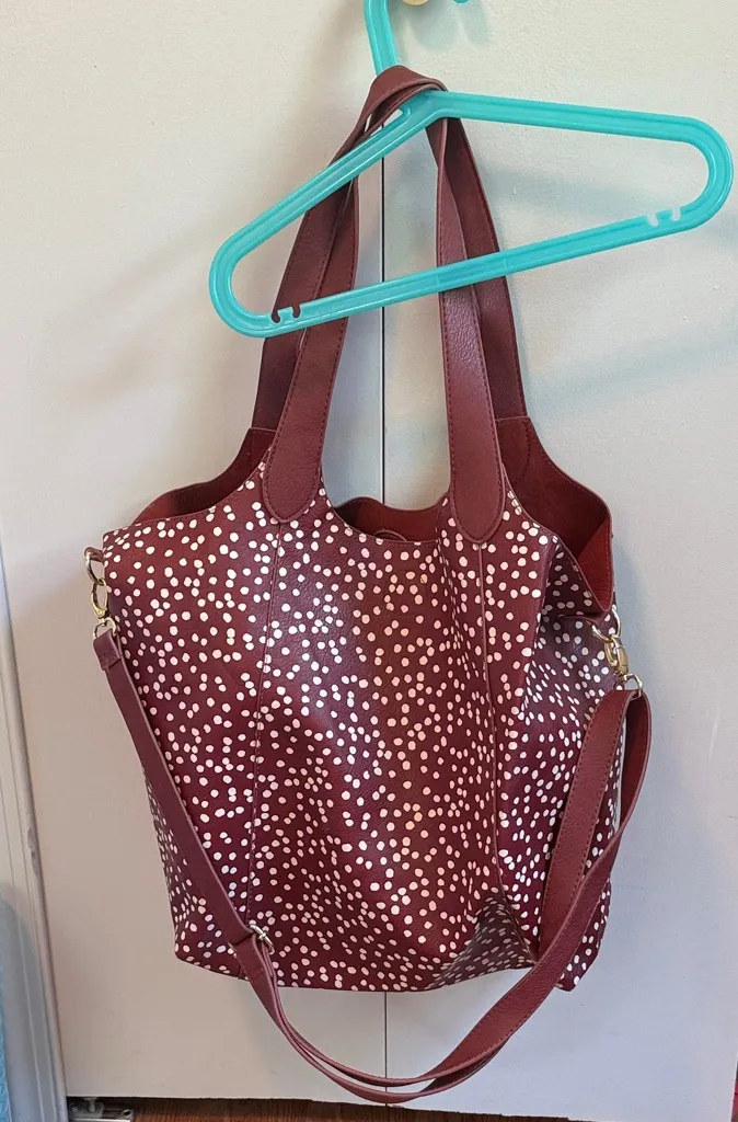 Fashionable Chocolate Brown Polka Dot Tote Bag Shoulder Bag Crossbody Strap White - Image 1