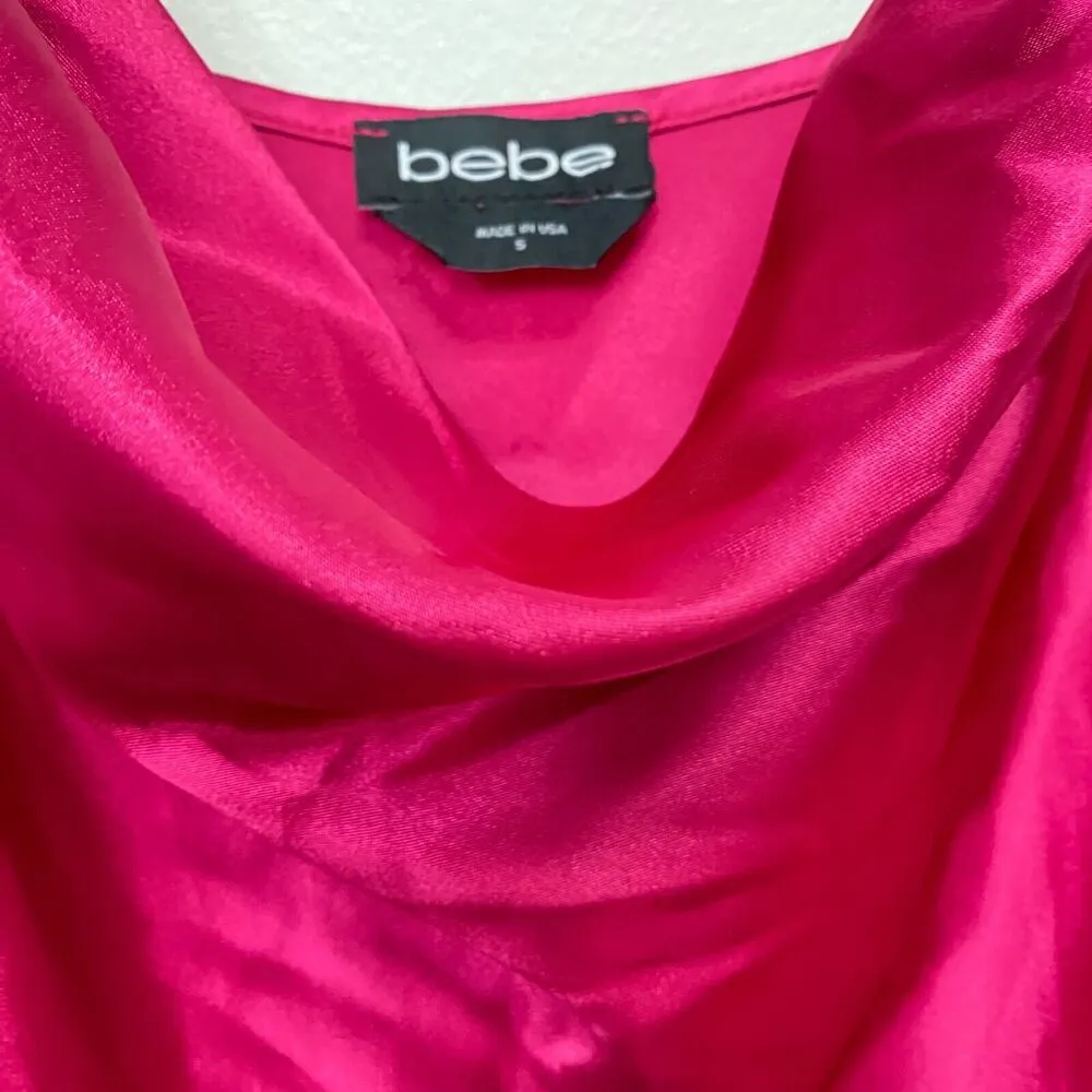 Vtg Y2K Bebe Satin Slip Dress Women Med Pink Cowl Neck Midi Drapey Romantic Prom - Image 2