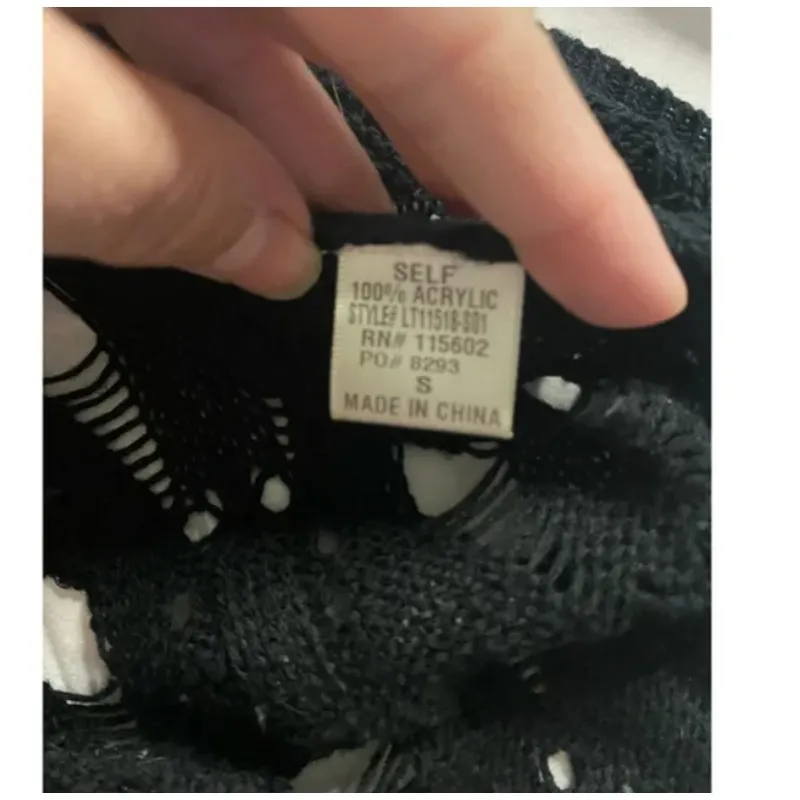 Boho Gothic Punk Open Knit Crochet Long Sleeve Cold Shoulder Top Lush Black S - Image 5