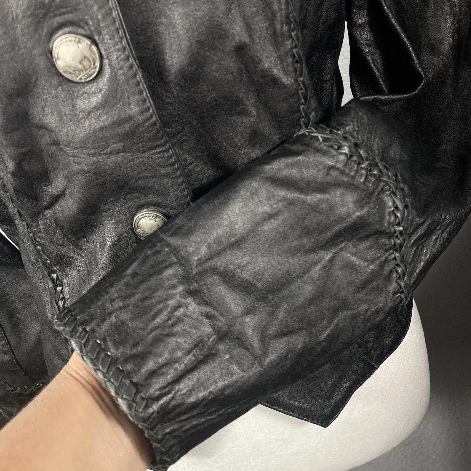 Vintage Black Leather Jacket M Buffalo Nickel Buttons Grunge Goth Street 80s 90s Size M - Image 5