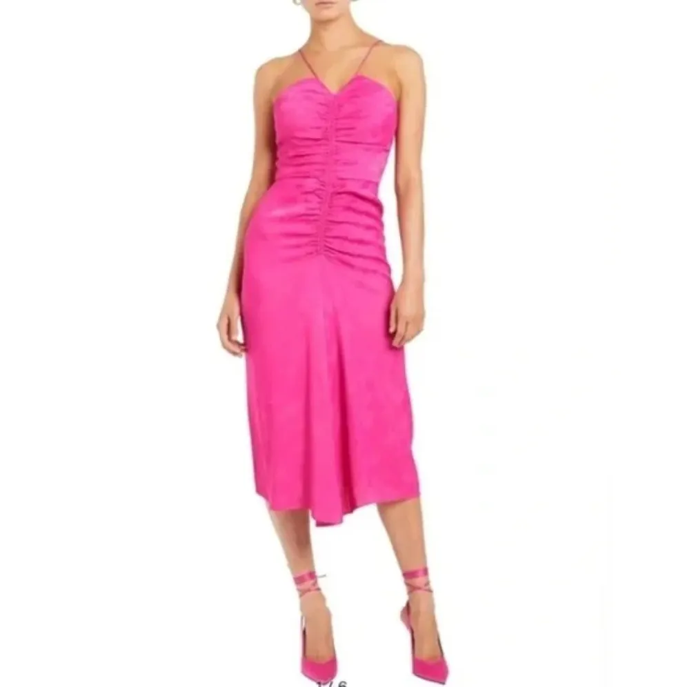 REBECCA VALLANCE Bright Pink Satin Ruched Midi Dress Size 10 - Image 16