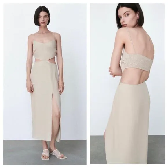Zara Cream Cut Out Midi Dress Large Smocked Sleeveless Summer Lightweight - Image 2