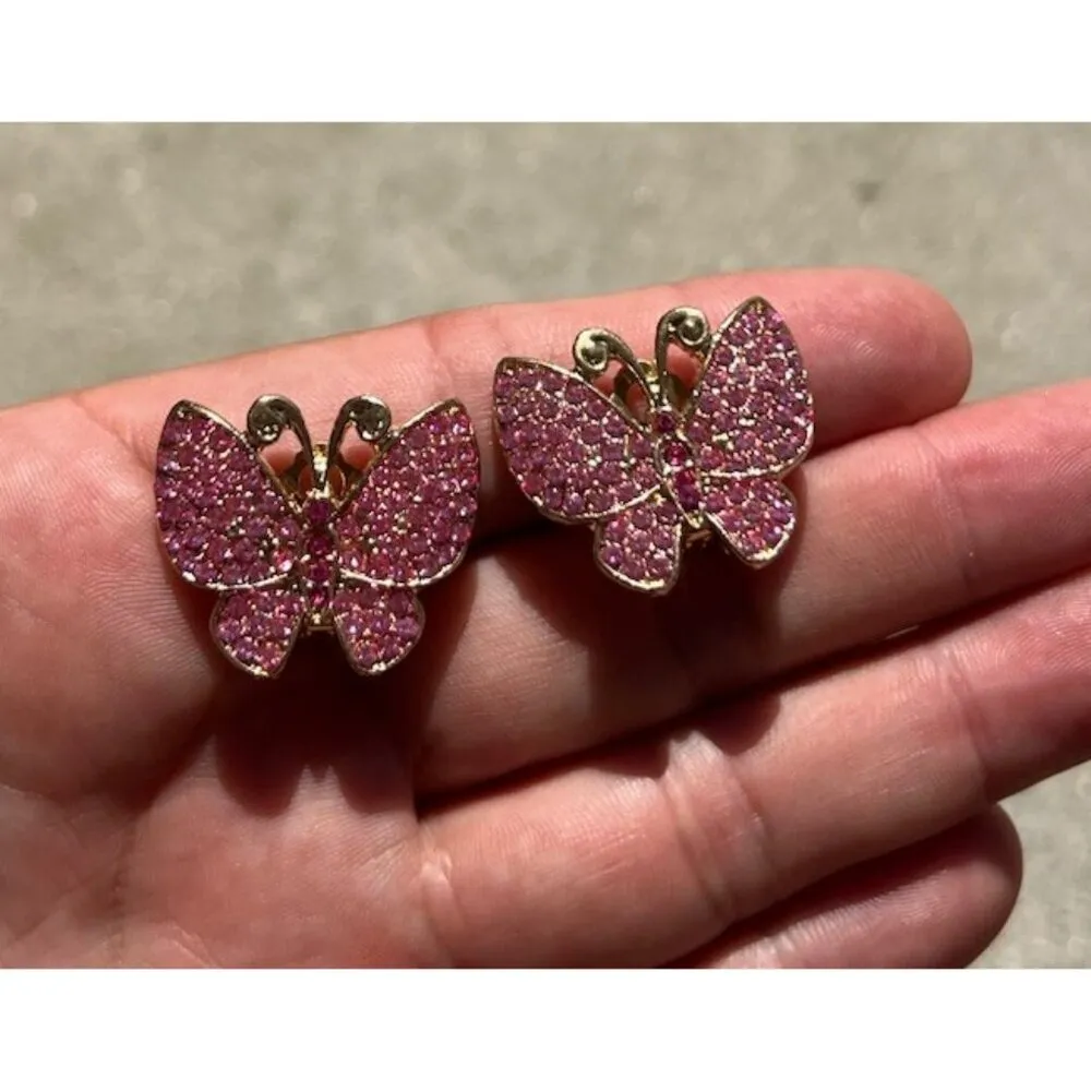 Vintage Pink Gold Tone Stone Rhinestones Spring Pin Clip Earrings Women’s Sz 1” - Image 5