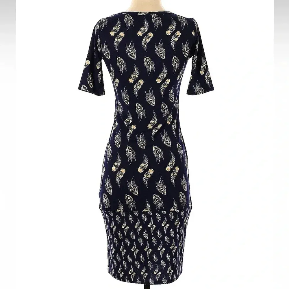 LuLaRoe Fitted Julia Midi Dress Navy Yellow Feathers Aztec Southwestern Size XS - Image 2